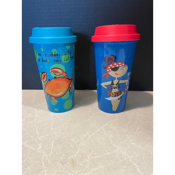 Cape Shore new lot of 2 travel hard plastic mugs crab and pirate microwave safe - Picture 1 of 12